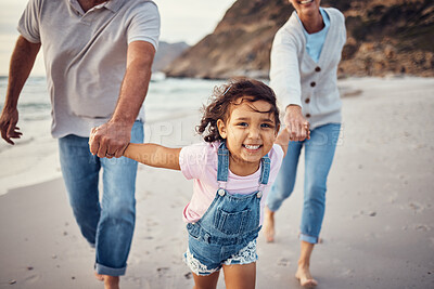 Buy stock photo Family, beach and grandparents holding hands of girl on vacation, holiday or summer trip. Love, care and grandma, grandpa and happy kid enjoying quality time together, bonding and running on seashore