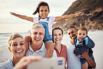 Beach, selfie and happy big family on vacation together in summer by seaside in Australia. Happiness, grandparents and parents with children taking picture with smile on phone while on travel holiday