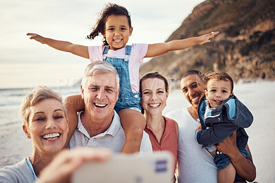 Buy stock photo Beach, selfie and happy big family on vacation together in summer by seaside in Australia. Happiness, grandparents and parents with children taking picture with smile on phone while on travel holiday