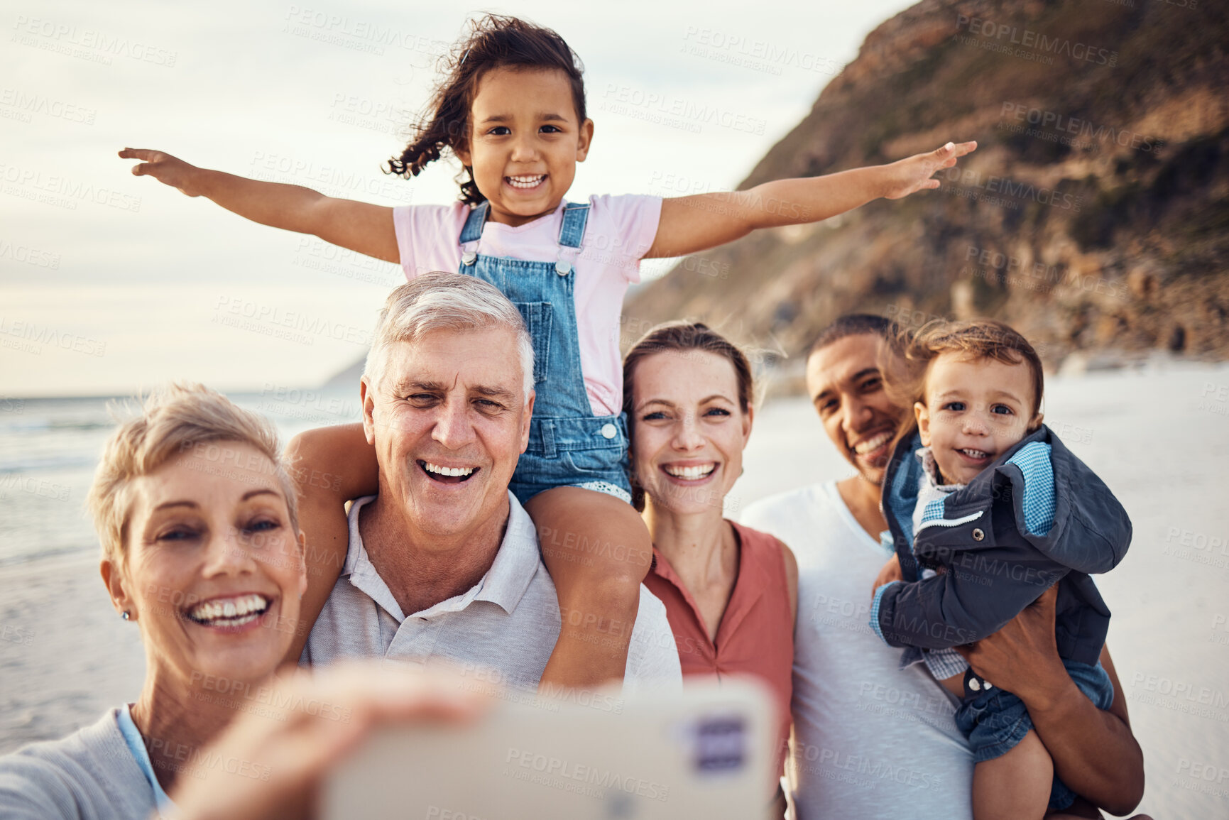 Buy stock photo Beach, selfie and happy big family on vacation together in summer by seaside in Australia. Happiness, grandparents and parents with children taking picture with smile on phone while on travel holiday