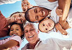 Diversity, love and family with smile, happy and bonding together for vacation, spend quality time and joyful. Interracial, grandparents and parents with kids being cheerful, happiness and portrait.