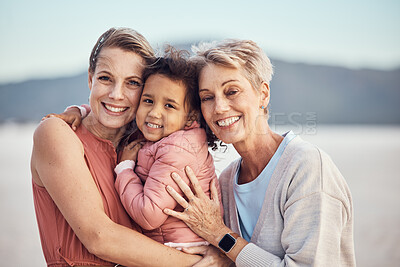 Buy stock photo Happy family generation, beach hug and portrait of grandmother, mother and adoption child bonding, relax and enjoy quality time together. Winter peace, freedom and family love of grandma, mom and kid