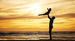 Family, silhouette and sunset by beach with dad lifting child in air to fly while on vacation in summer with love, care and support outdoor. Man and kid playing airplane while on holiday by sea