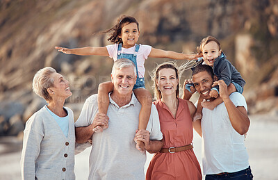 Buy stock photo Family beach portrait, child on shoulder and dad, mom and multicultural grandparents together on vacation. Happy big family, generation smile with happiness outdoor in summer holiday for diversity