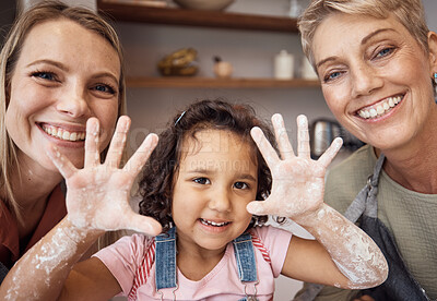 Buy stock photo Hands, family and children with a girl baking in the kitchen of her home with mother and grandmother. Kids, cooking and chef with a woman, daughter and parent learning how to bake together in a house