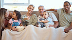 Happy family on sofa watching tv with popcorn and kids show, film or comedy movie on live streaming service. Television, relax and grandparents with children on couch with love, diversity and talking