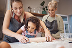 Kitchen cooking, learning and happy family generation of grandmother, mother and kid baking food with flour dough. Chef family love, child development support and girl helping mom and grandma bake 