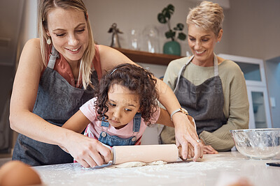 Buy stock photo Kitchen cooking, learning and happy family generation of grandmother, mother and kid baking food with flour dough. Chef family love, child development support and girl helping mom and grandma bake