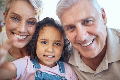 Buy stock photo Adoption, selfie and grandparents with girl, family love and happy smile while bond together in support, care or happiness. Excited kid, retired senior grandma and grandfather take social media photo