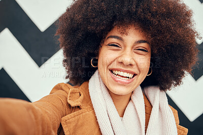 Buy stock photo Black woman, happy selfie and fashion with afro, style and clothes by geometric urban backdrop. Woman, smile and beauty by art pattern, background or wall in portrait for hair, makeup or cosmetics