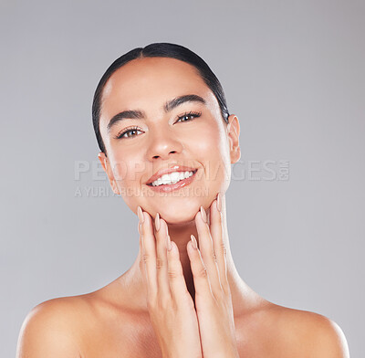 Buy stock photo Happy woman, skincare and beauty, natural makeup and facial wellness, aesthetic dermatology and fresh self care cosmetics on studio background. Portrait of young model face, headshot and body botox 