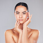 Young woman, skincare and beauty, aesthetic makeup and facial wellness treatment, natural glowing skin and body care cosmetics on studio background. Portrait of beautiful model, headshot and facelift