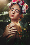Woman, beauty and flower headband in forest for cosmetic skincare treatment. Young nude model, healthy natural skin glow and wellness bodycare in tropical rainforest outdoors with rose floral crown