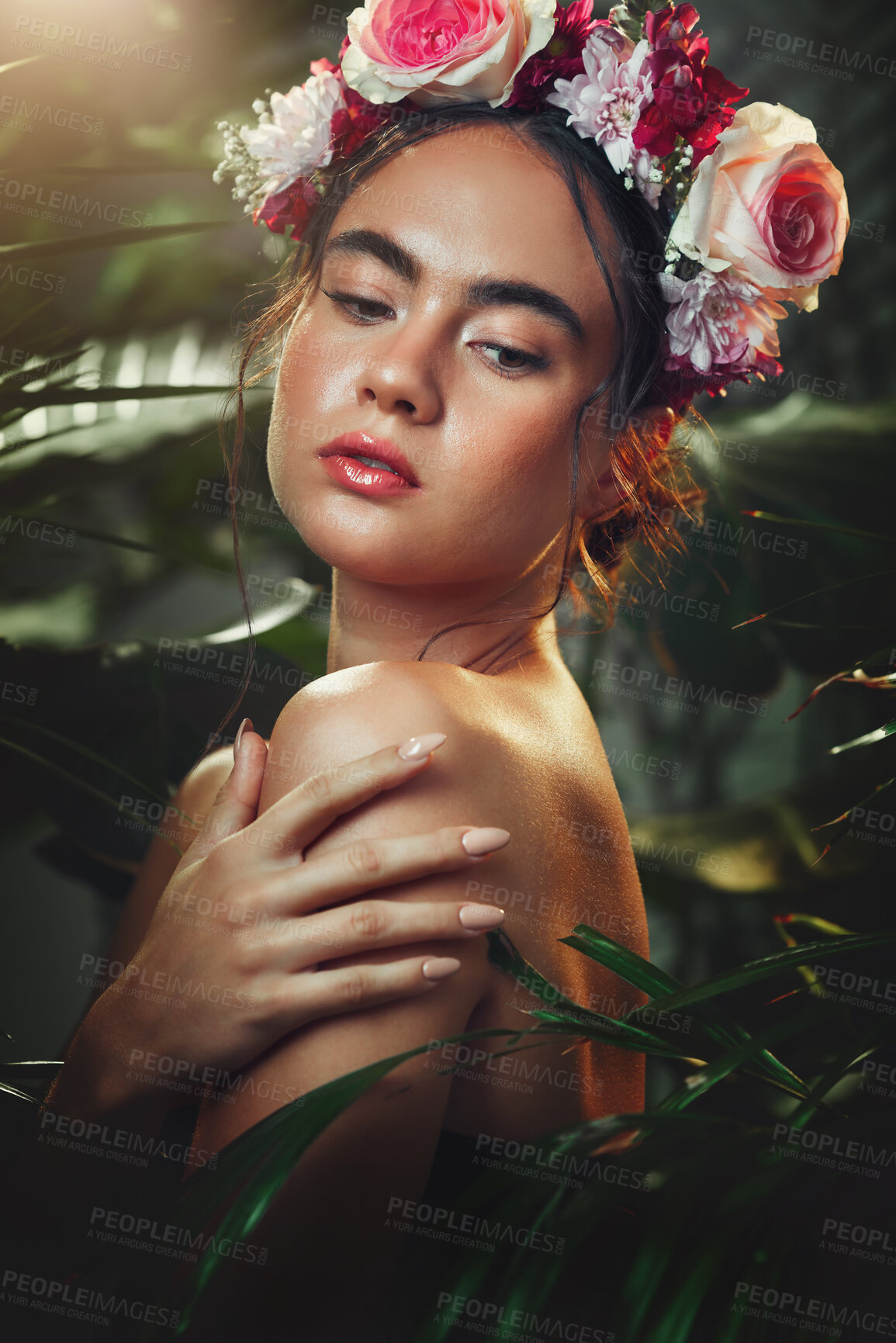 Buy stock photo Woman, beauty and flower headband in forest for cosmetic skincare treatment. Young model, healthy natural skin glow and wellness bodycare in tropical plant rainforest outdoors with rose floral crown