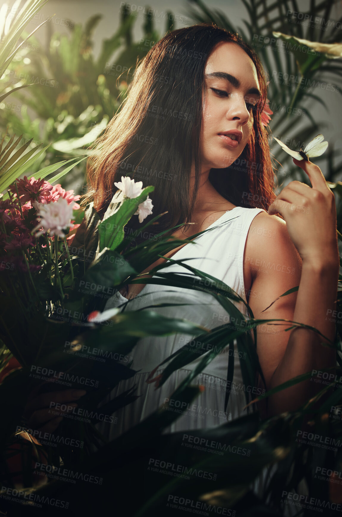 Buy stock photo Woman, tropical rainforest and face beauty wellness for skincare treatment outdoors, Young girl model, cosmetic facial makeup and body care or calm lifestyle with flower plants in nature outside