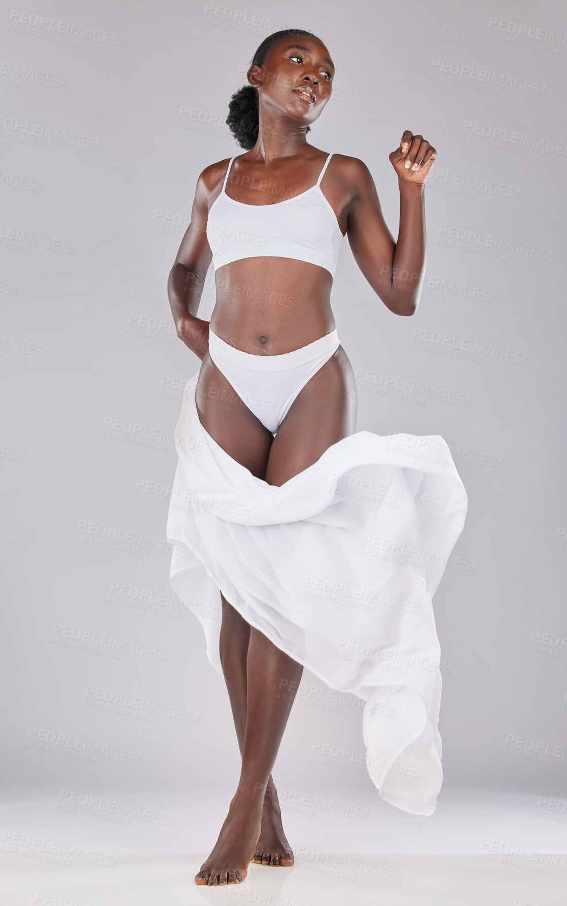 Buy stock photo Black woman, beauty and body with cosmetic skincare, wellness with skin and fitness in underwear against studio background. Natural cosmetics, slim and body care with fresh glow and clean mockup