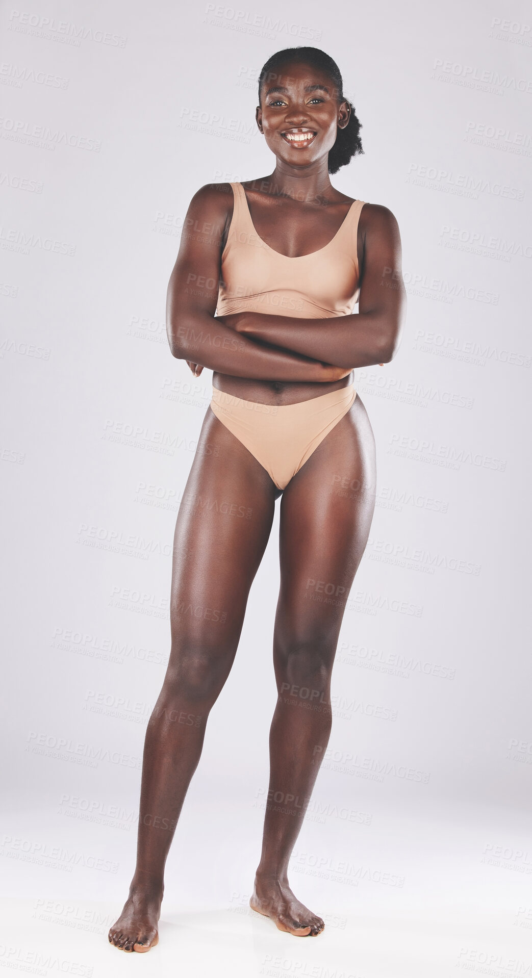 Buy stock photo Beauty, health and portrait of black woman in underwear standing in a studio with self love mindset. Wellness, body care and slim African model embracing her natural body isolated by white background