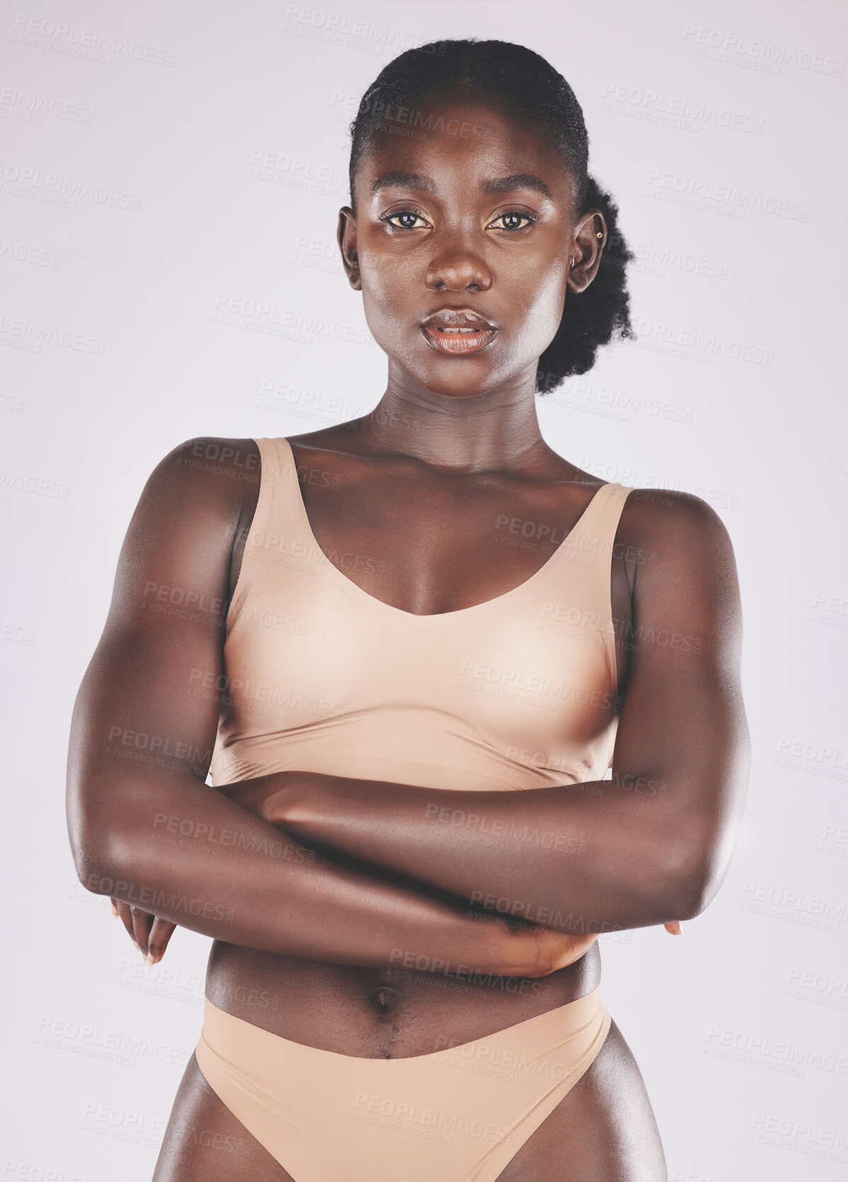 Buy stock photo Health, wellness and portrait of a black woman in underwear standing in a studio with a natural slim body. Beauty, natural and healthy African woman model with body care isolated on gray background.