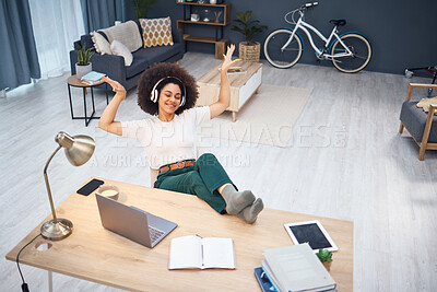 Buy stock photo Top view, black woman or dancing to music headphones in home office or house living room in study, education or learning break. Smile, happy or relax student listening to radio podcast on technology