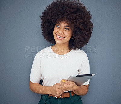 Buy stock photo Black woman afro, tablet thinking and studio background for digital marketing on internet app. Young african woman, happy mobile tech and daydream vision for idea at business, advertising or startup