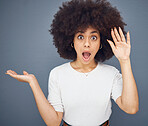 Wow, marketing and face of a woman with hand for advertising, sale and announcement against a grey mockup studio background. Retail, service and portrait of a girl with surprise for a deal with space