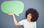 Happy black woman, speech bubble and studio background mockup space for advertising or product placement. Smile on face, information announcement for small business discount sale and excited woman.