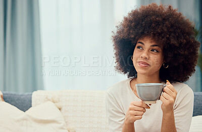 Buy stock photo Coffee, thinking and mockup with a black woman in the living room of her home to relax alone. Idea, tea and weekend with an attractive young female sitting on a sofa in her house on the weekend