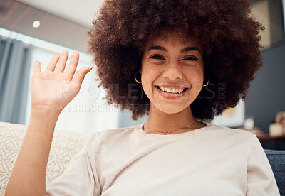 Buy stock photo Smile on face, wave and video call, black woman with afro, happy and sitting on sofa in living room. Relax at home, chat online and connect woman on internet networking and communication on videocall