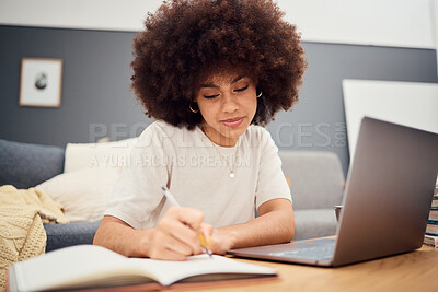 Buy stock photo Planning, study and laptop with black woman writing in notebook for schedule, e learning and checklist. Agenda, education and goal with girl student at home for list, idea and knowledge in journal  