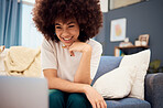 Black woman in living room, laptop and video call, download movies and online show, relax and sofa lounge. Happy young african blogger, influencer and female with afro, technology and media on couch