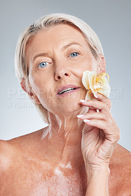 Buy stock photo Mature woman, beauty and flower portrait for natural skincare, wellness and health on a grey studio background. Senior woman, floral facial and glamour for soft, smooth and perfect skin care