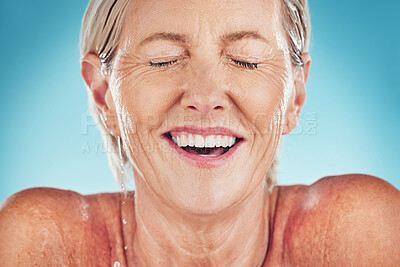 Buy stock photo Water, face and mature woman washing or cleansing her skin for hygiene and grooming. Older woman, splash and beauty clean for facial hydration and wellness or skincare or skin care
