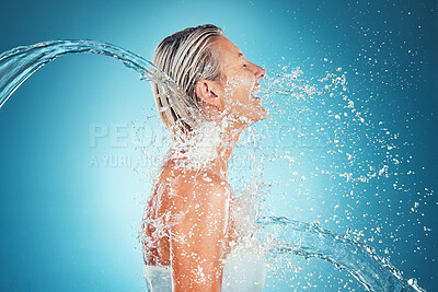 Buy stock photo Water splash, laughing and model woman happy about wellness, water and skin beauty. Happiness of a person with happiness, healthy skincare routine and shower ready for the morning with a smile