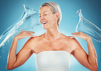 Water splash, senior and happy woman smile happy about wellness, skincare and healthy skin. Elderly woman ready for beauty, cosmetic and dermatology treatment excited with happiness and water