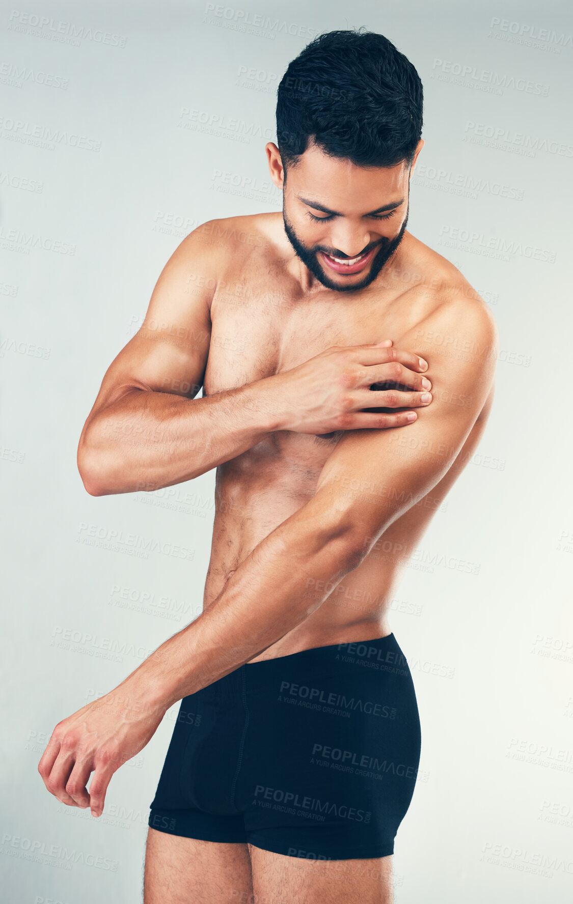 Buy stock photo Fitness, body of man and arm injury after intense workout, training or exercise on studio background. Accident, healthcare and topless male model suffering from joint inflammation or muscle pain.