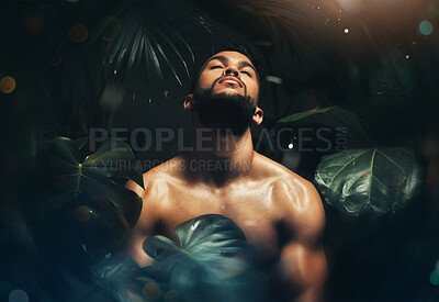 Buy stock photo Beauty, man and body in jungle leaf nature for natural skincare cosmetics advertising. Tropical, monstera and handsome black model thinking of sustainable, health and wellness cosmetic.