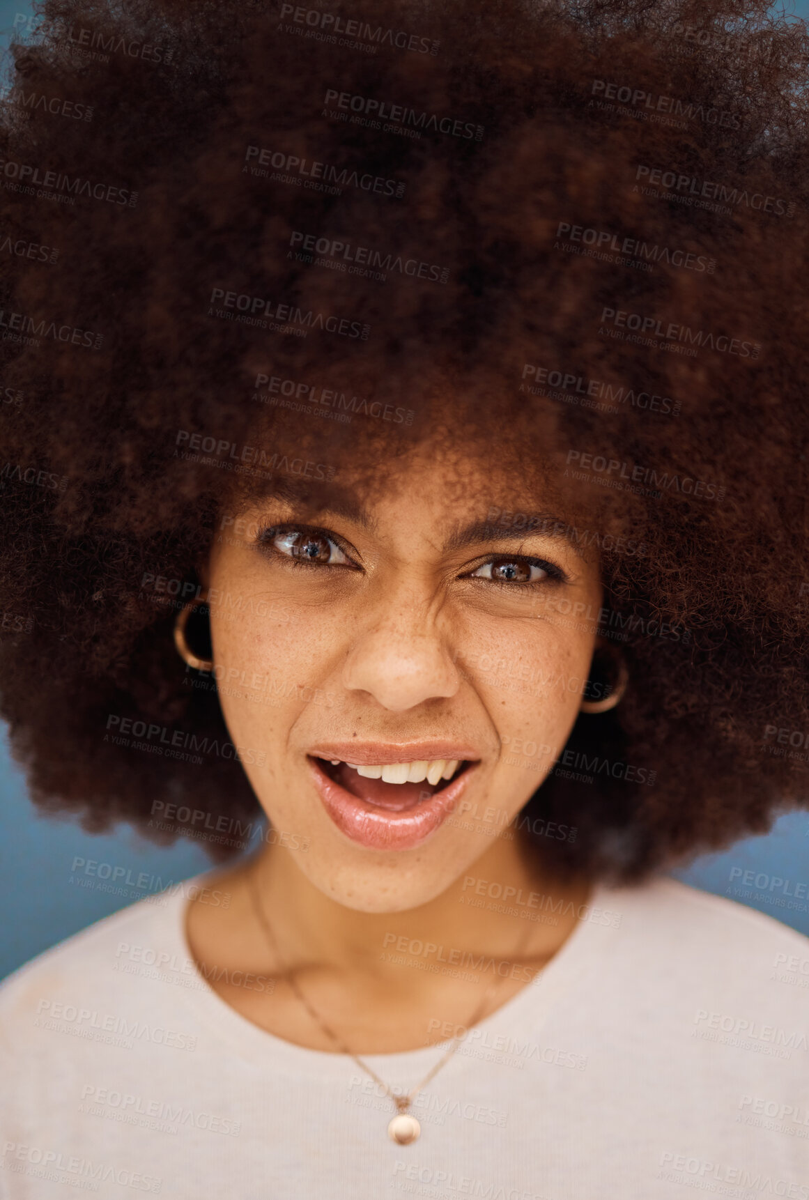 Buy stock photo Black woman, afro or confused face on studio background with question, crazy gossip or fake news. Zoom, portrait or thinking model and doubt expression, huh or what facial expression at scam or fraud
