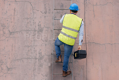 Buy stock photo Electrician, engineer and handyman on ladder with tools working on building electricity maintenance. Home renovation, contractor and electrical technician climbing steps with toolbox for installation