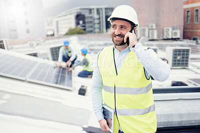 Buy stock photo Builder, solar panel and construction man and phone call for communication and building project. Construction worker, cellphone and conversation for architecture and industrial strategy outside