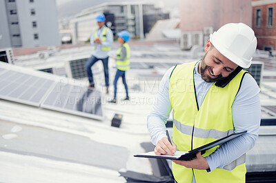 Buy stock photo Construction, phone call and businessman writing checklist during building inspection on the roof. Engineer, architect and builder on mobile communication outside on an industrial site with notes