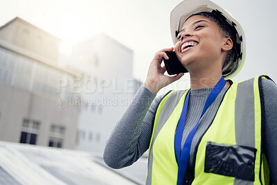 Buy stock photo Construction, engineer and woman on phone call outside during building inspection for networking. Builder, building and female contractor with mobile communication for construction worker 