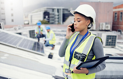 Buy stock photo Engineer woman talking with phone, solar energy on roof and sustainable renewable energy in construction. Building manager, working with eco friendly solar panel or electricity maintenance project
