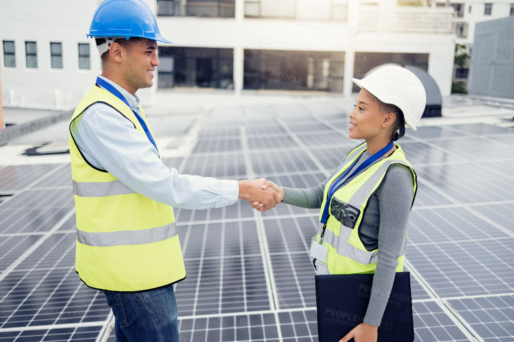 Buy stock photo Solar energy, solar panel worker and renewable energy handshake electricity deal of sustainability, power plant development and innovation. Clean energy, sustainable technology and green construction