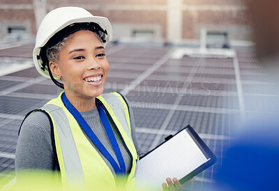 Buy stock photo Solar panel, engineer and woman checklist, mockup and discussing vision for engineering innovation on rooftop. Technician, solar energy and paper planning by woman share goal for renewable energy