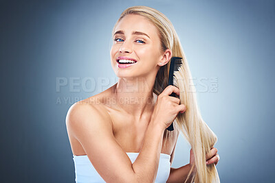 Buy stock photo Portrait, brush hair and woman cosmetic wellness growth treatment. Happy girl model, healthy morning routine and natural strong haircare lifestyle for self care beauty styling in background studio