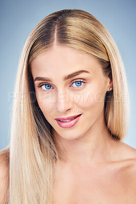 Buy stock photo Beauty, face and portrait of woman for skincare, health and wellness on a grey studio background. Headshot, female and perfect, smooth and glowing skin for healthcare and cosmetic treatment