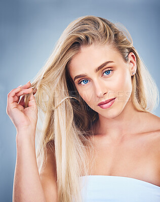 Buy stock photo Salon, hair and woman on with care for hairstyle and strength on a grey studio background. Haircare, hair style and beauty woman with healthy blonde hair for glamour and cosmetic treatment 