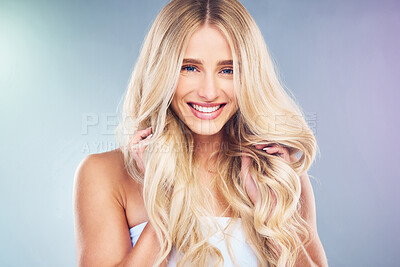 Buy stock photo Luxury, hair and portrait with beauty woman and wavy hairstyle volume for cosmetic advertising. Hair care, wellness and happy model smile holding curls on colorful studio gradient with mockup.