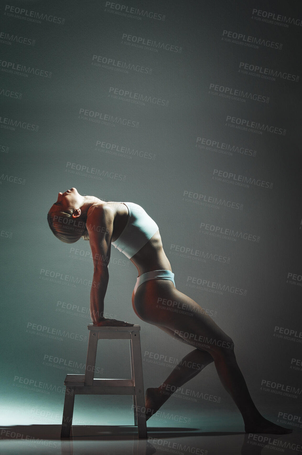Buy stock photo Dance, chair and woman doing a performance in a studio for training or a concert with mockup space. Sexy, entertainment and girl dancing or moving for a theater show isolated by a gradient background
