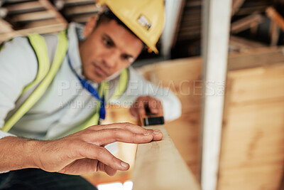 Buy stock photo Carpenter, construction and project with wood, man and DIY with development in his home for building, renovation and builder. Carpentry, contractor and maintenance work with a young male handyman
